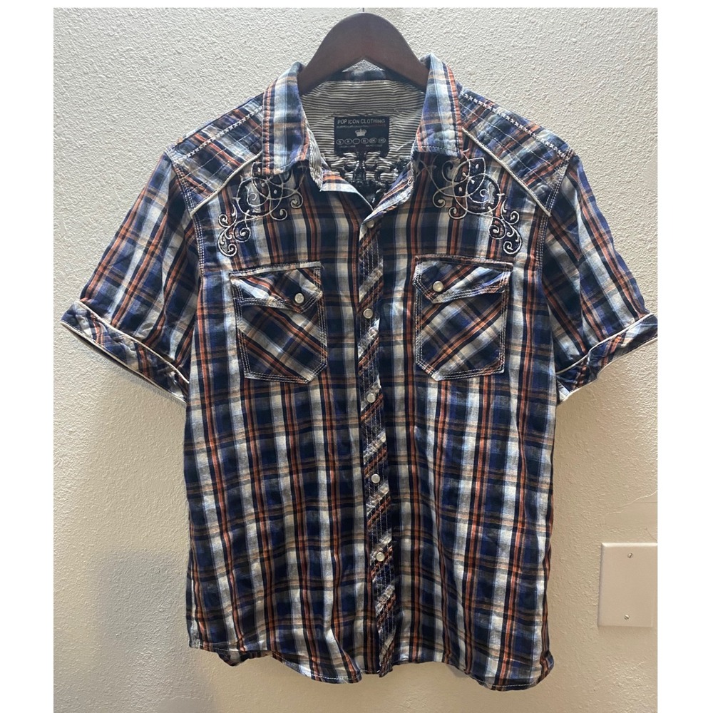 POP ICON CLOTHING Men Plaid Short Sleeve Shirt Western Pearl Snap Size M